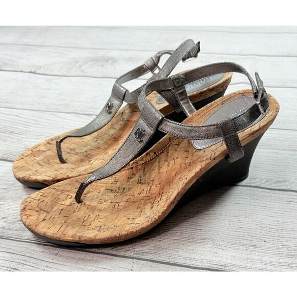 Lauren Ralph Lauren Shoes - Lauren Ralph Lauren Reeta Buckle T-Strap Cork Wedge Sandals Silver Size 9.5B